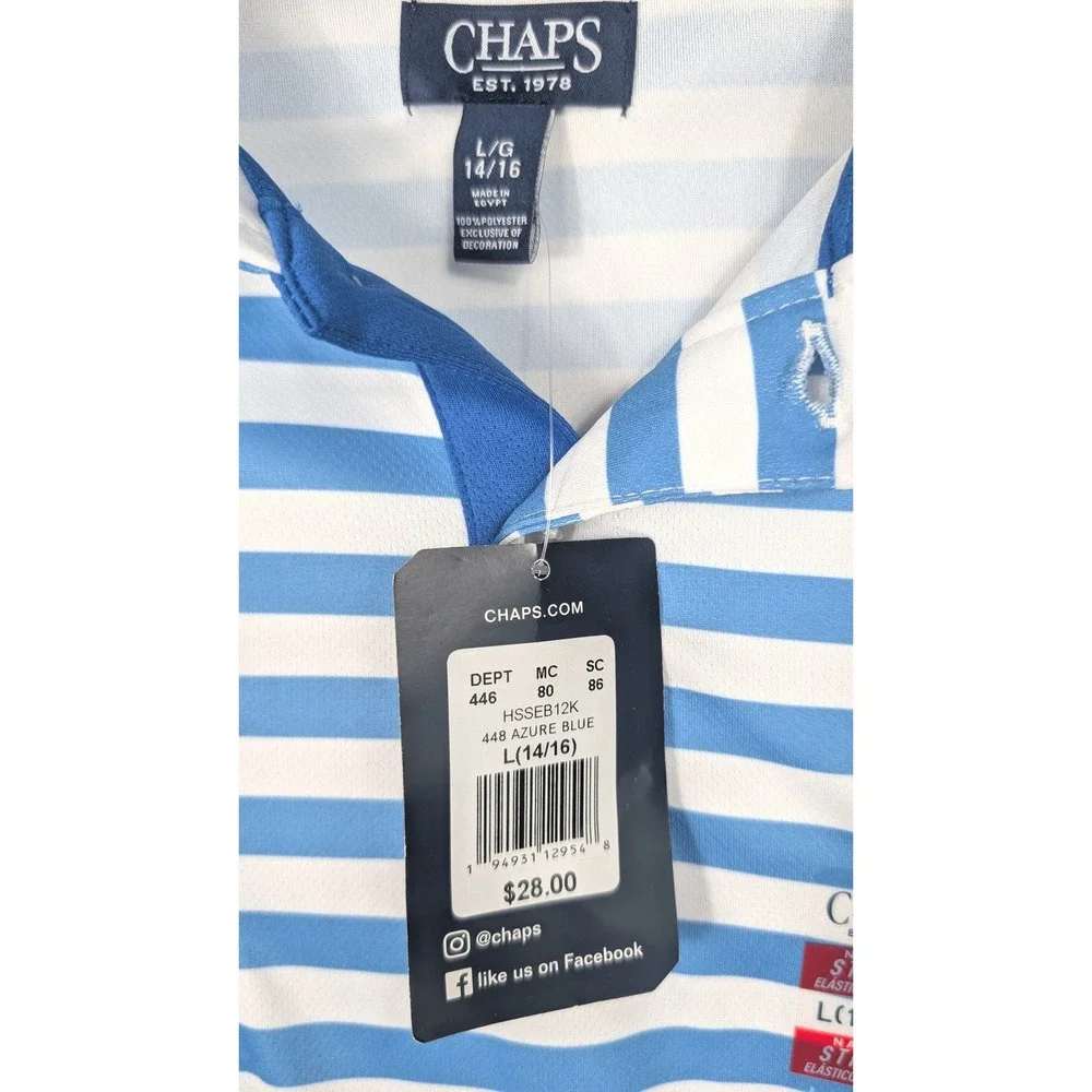 Chaps Polo Shirt Boys Size L 14/16 Azure Blue White Striped Performance NWT